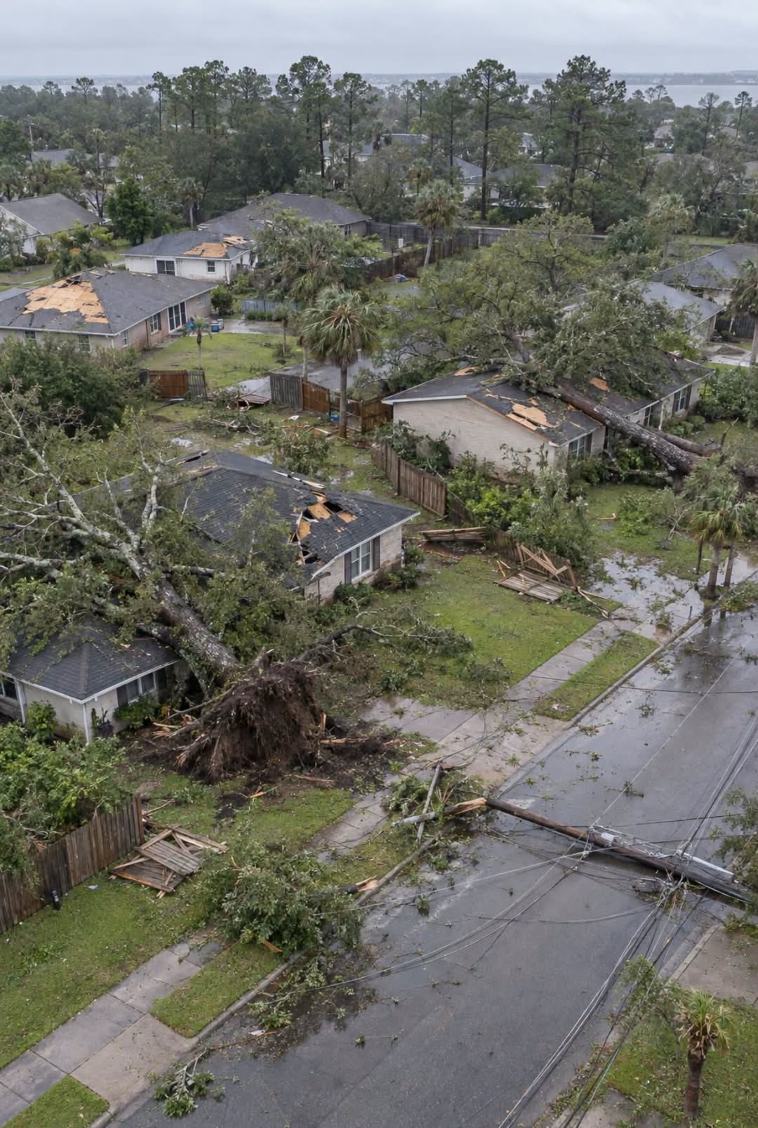 Aerial view of a coastal neighborhood after a hurricane, with fallen trees and damaged roofs